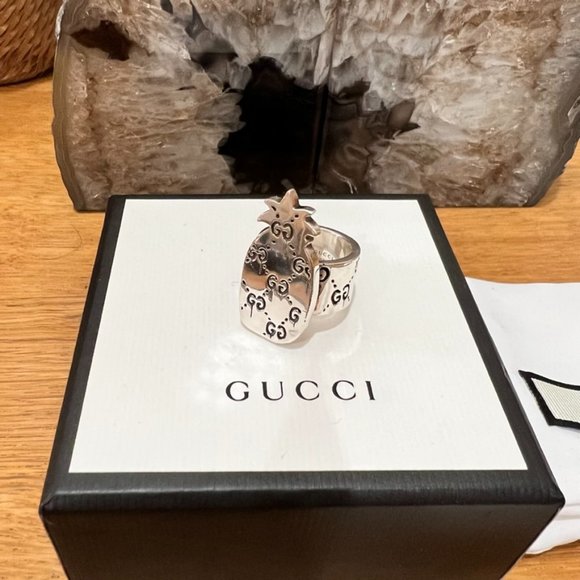 Gucci Ghost 925 Silver GG All Over Logo Pineapple Ring - Size 5.75us - Picture 1 of 16